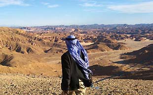 Blick auf erodierte Sandsteinberge und breite sandige Wadis, Nageb Kameltrekking, Plateau el Gunna, Sinai